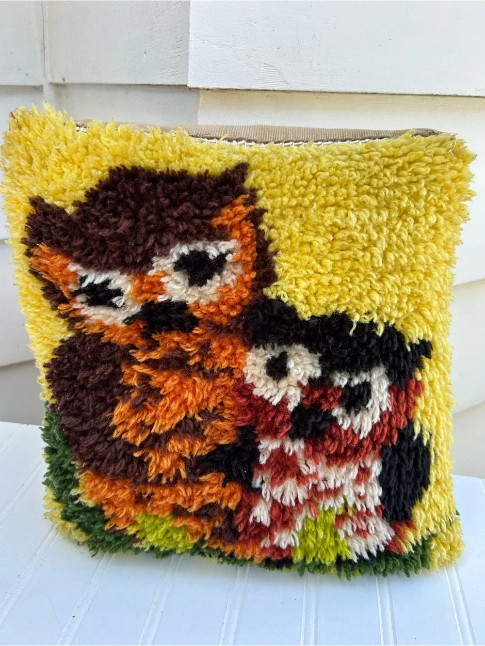 Vintage Pillow Handmade Yellow Owl Latch Hook Cottagecore Throw 12x12